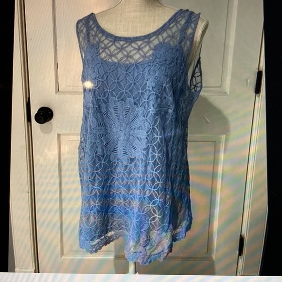 Lace Shell w/ Under Layer, New Directions, Light Blue - Picture 2 of 7